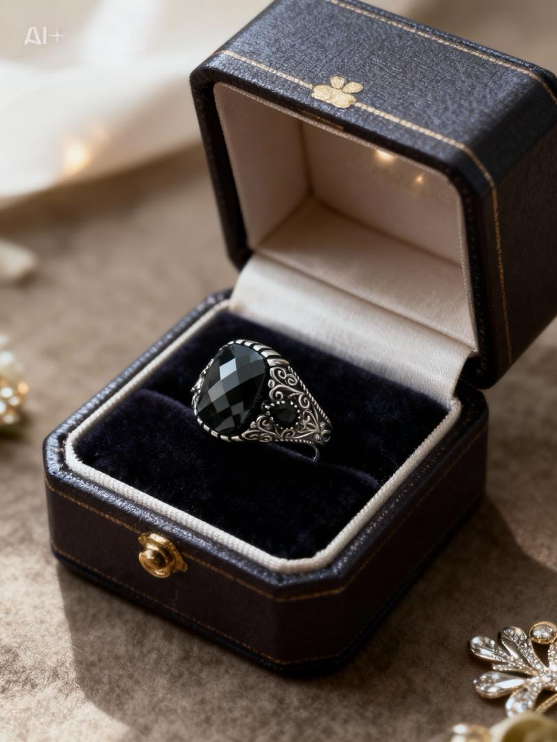 Bague Homme Argent 925 Pierre Noire Facettée Motifs Orientaux