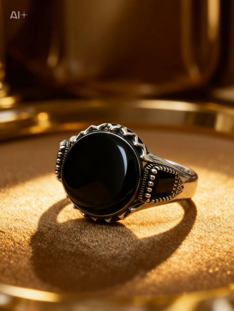 Bague Argent 925 Pierre Onyx Noir Ciselée