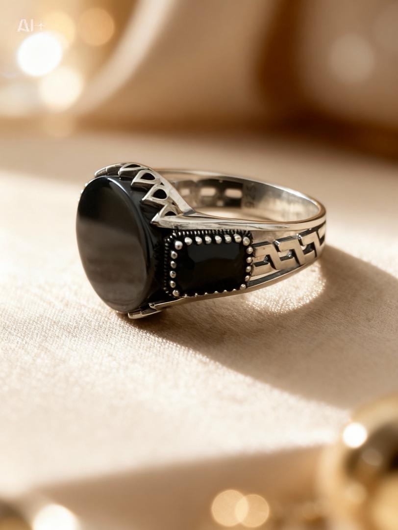 Bague Argent 925 Pierre Onyx Noir Ciselée