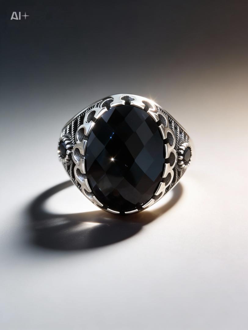 Bague Homme Argent 925 Pierre Noire Facettée Couronne Royale