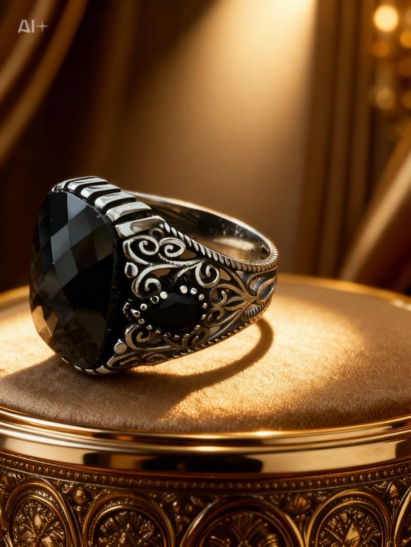 Bague Homme Argent 925 Pierre Noire Facettée Motifs Orientaux