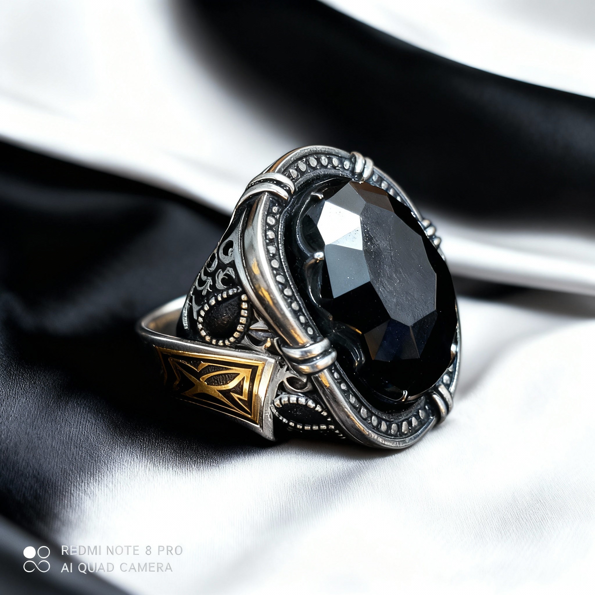 Bague Ancienne En Argent Taille 66 Avec Pierre Noire (Onyx ?) - Bijou Vintage Occasion
