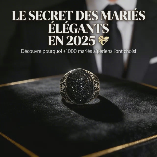 Chevalière Homme Luxe Pierre Noire Brillante - Bague Mariage Élégante 2025 | Alliance Tendance Algérienne